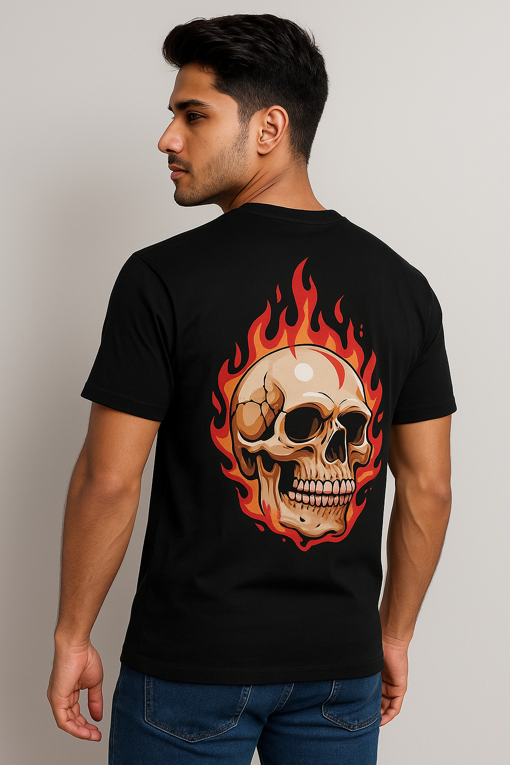 Fire Skull Savage Printed Black T-Shirt