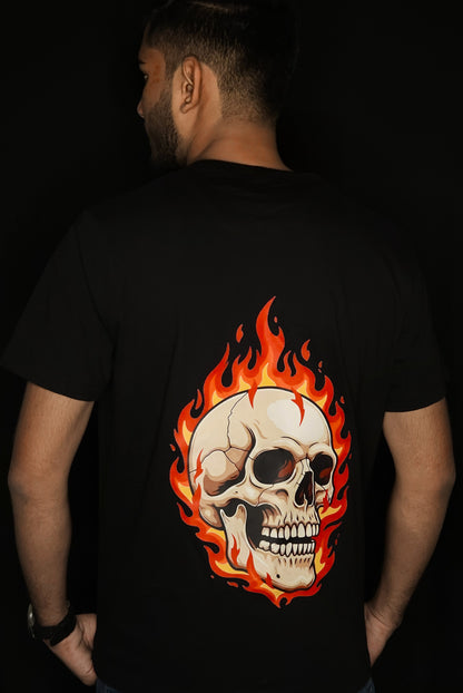 Fire Skull Savage Printed Black T-Shirt