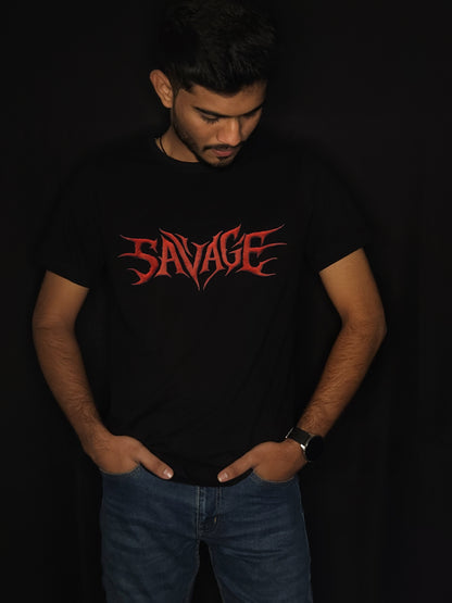 Fire Skull Savage Printed Black T-Shirt